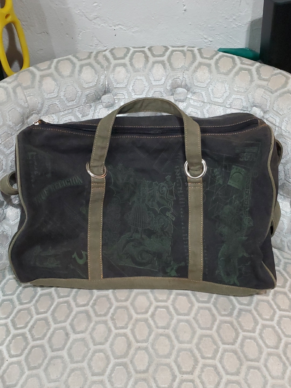 True Religion Canvas Duffel Bag in Black and Olive Trim